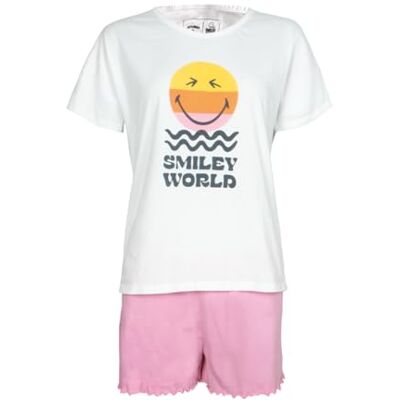 Athena SmileyWorld kurzer Schlafanzug für Damen – 100% Baumwolle – Rundhalsausschnitt + fließende Shorts Athena SmileyWorld kurzer Schlafanzug für Damen – 100% Baumwolle – Rundhalsausschnitt + fließende Shorts