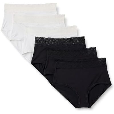 Amazon Damen Damenhöschen aus Mikrofaser mit Spitzenbesatz in den Ausführungen Bikini, Boyshort, Tanga und Full Brief, 6er Pack, Schwarz/Weiß, 44 Amazon Damen Damenhöschen aus Mikrofaser mit Spitzenbesatz in den Ausführungen Bikini, Boyshort, Tanga und Full Brief, 6er Pack, Schwarz/Weiß, 44