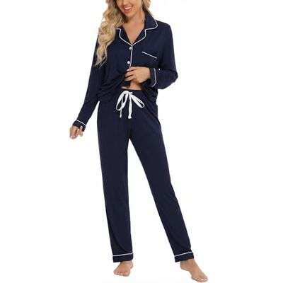 Leikar Button Up Pyjama Set Für Frauen Langarm Shirt und Pyjamahose Weiche Pjs Lounge Sets S-XXL, Marineblau, M Leikar Button Up Pyjama Set Für Frauen Langarm Shirt und Pyjamahose Weiche Pjs Lounge Sets S-XXL, Marineblau, M