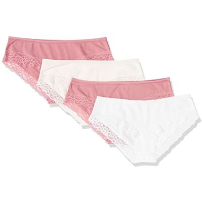 Amazon Damen Hipster-Unterwäsche Baumwolle und Spitze, 4er-Pack, Blassrosa/Grellweiß/Mauve, 34 Amazon Damen Hipster-Unterwäsche Baumwolle und Spitze, 4er-Pack, Blassrosa/Grellweiß/Mauve, 34