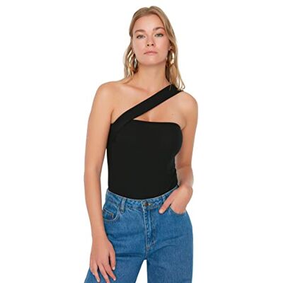 TRENDYOL Damen Women's Fitted Off-shoulder Asymmetrical Collar Knit Bodysuit Hemd, Schwarz, S EU TRENDYOL Damen Women's Fitted Off-shoulder Asymmetrical Collar Knit Bodysuit Hemd, Schwarz, S EU