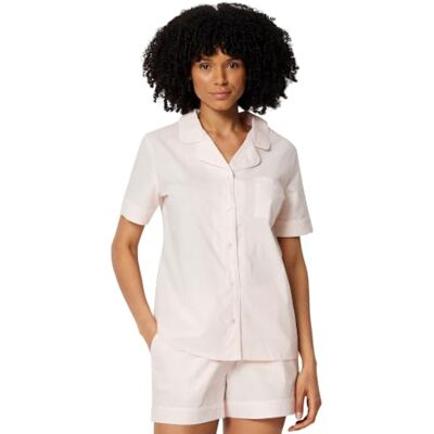 Amazon Damen Schlafanzug aus Baumwoll-Stretch-Popeline, Kurzärmelig mit Shorts, Blassrosa, M Amazon Damen Schlafanzug aus Baumwoll-Stretch-Popeline, Kurzärmelig mit Shorts, Blassrosa, M