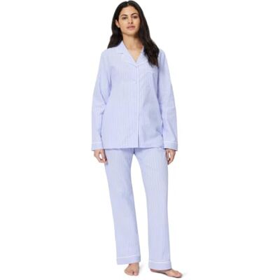 Amazon Damen Schlafanzug aus Baumwoll-Stretch-Popeline, Langärmelig mit Hose, Blaue Nadelstreifen, M Amazon Damen Schlafanzug aus Baumwoll-Stretch-Popeline, Langärmelig mit Hose, Blaue Nadelstreifen, M