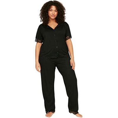 TRENDYOL Damen Women Polka dot Knit Shirt-Trousers Plus Size Pajamas Set Pyjama, Black, 4XL TRENDYOL Damen Women Polka dot Knit Shirt-Trousers Plus Size Pajamas Set Pyjama, Black, 4XL