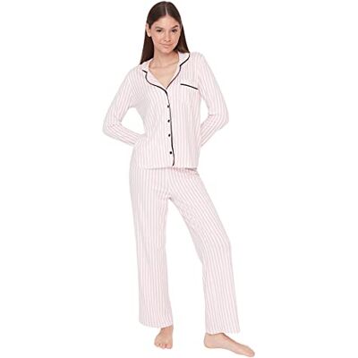 TRENDYOL Damen Gestreift Webstoff Pyjama, Puder, M TRENDYOL Damen Gestreift Webstoff Pyjama, Puder, M