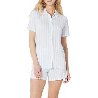 Amazon x Sofia Grainge Damen Pyjama-Set, eng anliegend, mit kurzen Ärmeln, Blassblau Kühner Streifen, M Amazon x Sofia Grainge Damen Pyjama-Set, eng anliegend, mit kurzen Ärmeln, Blassblau Kühner Streifen, M