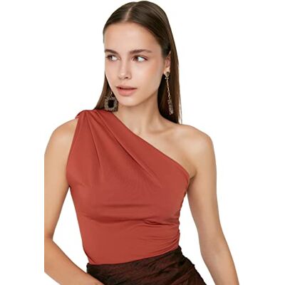 TRENDYOL Damen Cinnamon Asymmetrische Kragen Flexibler Strickkörper mit Schnappschüssen aus dem unteren Twoss22bd00014, Zimt L. TRENDYOL Damen Cinnamon Asymmetrische Kragen Flexibler Strickkörper mit Schnappschüssen aus dem unteren Twoss22bd00014, Zimt L.