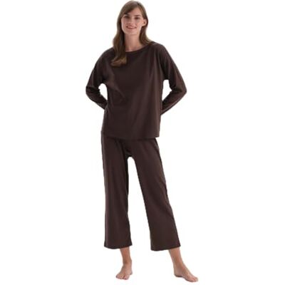 Dagi Women's Dark Brown Boat Collar Basic Regular Fit T-Shirt & Trousers Pyjama Set, Dark Brown,L Dagi Women's Dark Brown Boat Collar Basic Regular Fit T-Shirt & Trousers Pyjama Set, Dark Brown,L