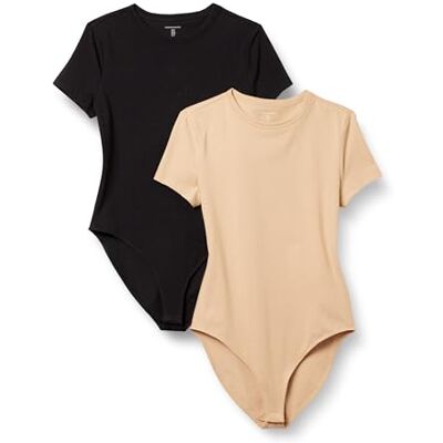 Amazon Damen T-Shirt-Body aus elastischem Baumwolljersey mit schmaler Passform, 2er-Pack, Helles Kamelbraun/Schwarz, S Amazon Damen T-Shirt-Body aus elastischem Baumwolljersey mit schmaler Passform, 2er-Pack, Helles Kamelbraun/Schwarz, S