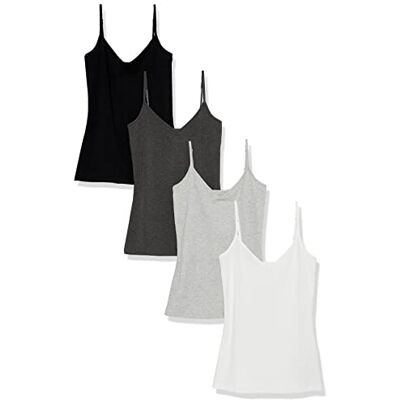 Amazon Damen Slim-Fit Knit V-Neck Layering Cami (erhältlich in Übergröße), 4er-Pack, Schwarz/Kohle/Hellgrau Meliert/Weiß, X-Small Amazon Damen Slim-Fit Knit V-Neck Layering Cami (erhältlich in Übergröße), 4er-Pack, Schwarz/Kohle/Hellgrau Meliert/Weiß, X-Small