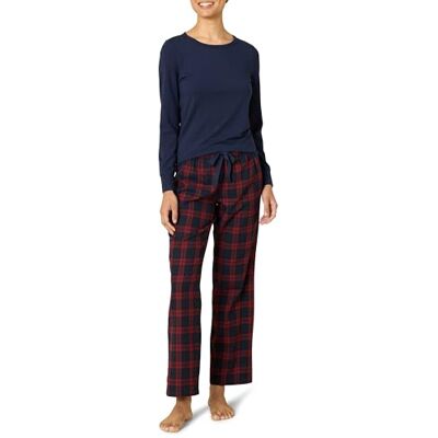 Amazon Leichte Flanellhose und langärmeliges T-Shirt für Damen, Schlafset, Burgunderrot kariert/Marineblau, Größe M Amazon Leichte Flanellhose und langärmeliges T-Shirt für Damen, Schlafset, Burgunderrot kariert/Marineblau, Größe M