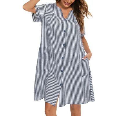 YOZLY Hauskleid Damen Baumwolle Staubwedel Robe Kurzarm Hausmantel Knopfleiste Nachthemd, Marineblau, X-Large YOZLY Hauskleid Damen Baumwolle Staubwedel Robe Kurzarm Hausmantel Knopfleiste Nachthemd, Marineblau, X-Large