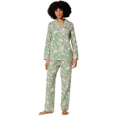 Amazon Damen Schlafanzug aus Baumwoll-Stretch-Popeline, Langärmelig mit Hose, Hellrosa Palmenblätter, L Amazon Damen Schlafanzug aus Baumwoll-Stretch-Popeline, Langärmelig mit Hose, Hellrosa Palmenblätter, L