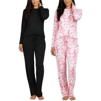 Real Essentials 2er-Pack: Damen-Pyjama-Set – wählen Sie aus kurzen Ärmeln mit Tasche oder Langen Ärmeln ohne Tasche, Set H, Schwarz und Rosa, M Real Essentials 2er-Pack: Damen-Pyjama-Set – wählen Sie aus kurzen Ärmeln mit Tasche oder Langen Ärmeln ohne Tasche, Set H, Schwarz und Rosa, M