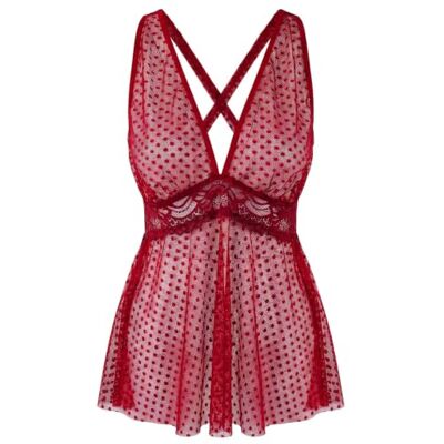 TRENDYOL Burgundy Polka Dot Tulle Lace and Cross Tie Detail Babydoll/Fantasy Nightgown Thmss26Ll00006 TRENDYOL Burgundy Polka Dot Tulle Lace and Cross Tie Detail Babydoll/Fantasy Nightgown Thmss26Ll00006