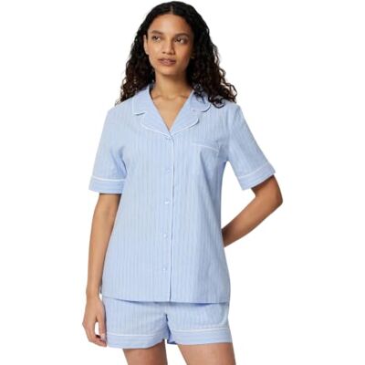 Amazon Damen Schlafanzug aus Baumwoll-Stretch-Popeline, Kurzärmelig mit Shorts, Blaue Nadelstreifen, M Amazon Damen Schlafanzug aus Baumwoll-Stretch-Popeline, Kurzärmelig mit Shorts, Blaue Nadelstreifen, M