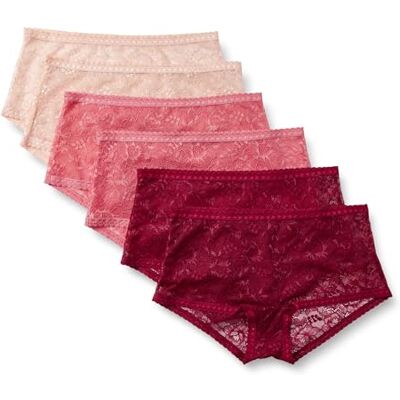 Amazon Damen Stretch-Höschen mit durchgehender Spitze in den Ausführungen Boyshort, Cheeky und Tanga, 6er Pack, Burgunderrot/Helles Blütenblatt/Rosé, 42 Amazon Damen Stretch-Höschen mit durchgehender Spitze in den Ausführungen Boyshort, Cheeky und Tanga, 6er Pack, Burgunderrot/Helles Blütenblatt/Rosé, 42