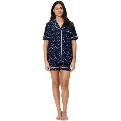 Amazon Damen Schlafanzug aus Baumwoll-Stretch-Popeline, Kurzärmelig mit Shorts, Marineblau, Elfenbeinfarben, Gepunkt, L Amazon Damen Schlafanzug aus Baumwoll-Stretch-Popeline, Kurzärmelig mit Shorts, Marineblau, Elfenbeinfarben, Gepunkt, L