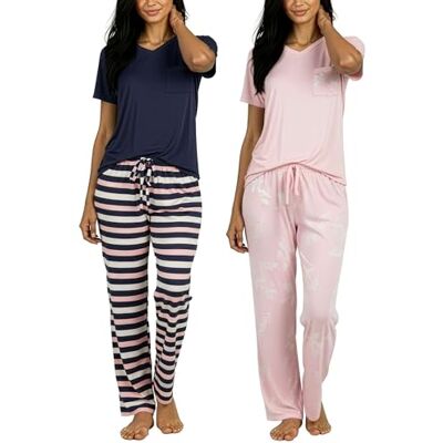 Real Essentials 2er-Pack: Damen-Pyjama-Set, superweich, kurz- und langärmlig, Oberteil mit Hose (erhältlich in Übergröße), Kurzarm-Set K, M Real Essentials 2er-Pack: Damen-Pyjama-Set, superweich, kurz- und langärmlig, Oberteil mit Hose (erhältlich in Übergröße), Kurzarm-Set K, M