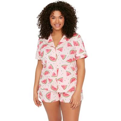 TRENDYOL Damen Women with Slogan Knit Shirt-Short Plus Size Pajamas Set Pyjama, Powder, 4XL TRENDYOL Damen Women with Slogan Knit Shirt-Short Plus Size Pajamas Set Pyjama, Powder, 4XL