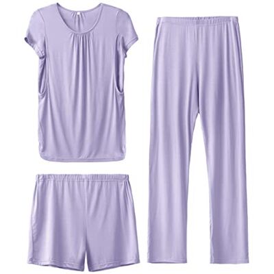 SUNNYBUY Still-Pyjama-Set Für Damen, Kurzärmeliges Still-Shirt Mit Shorts Und Hose, 3-Teiliges Set, Veilchen, Größe M SUNNYBUY Still-Pyjama-Set Für Damen, Kurzärmeliges Still-Shirt Mit Shorts Und Hose, 3-Teiliges Set, Veilchen, Größe M