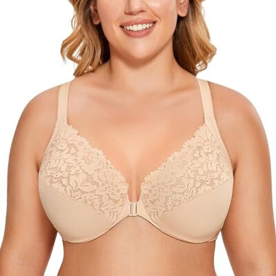 DELIMIRA Damen Vorderverschluss BH mit Bügel Spitzen BHs, Große Brüste Starker Halt, Vollständige Abdeckung DELIMIRA Damen Vorderverschluss BH mit Bügel Spitzen BHs, Große Brüste Starker Halt, Vollständige Abdeckung