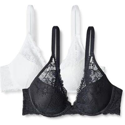 Amazon Damen Dehnbare Galloon-Spitze Gepolstert mit Bügel Tiefer Plunge-BH, 2er-Pack, Schwarz/Weiß, 75C Amazon Damen Dehnbare Galloon-Spitze Gepolstert mit Bügel Tiefer Plunge-BH, 2er-Pack, Schwarz/Weiß, 75C