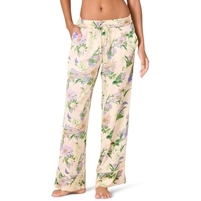 Amazon Damen-Pyjamahose aus Satin, Normale Passform, volle Länge, Beige Pfirsich-Blumenmuster, Größe S Amazon Damen-Pyjamahose aus Satin, Normale Passform, volle Länge, Beige Pfirsich-Blumenmuster, Größe S