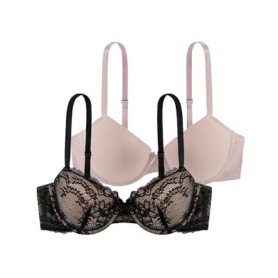 Dorina Damen Chloe 2er-Pack Demi-BH Set – Leicht Gepolsterte Bügel-BHS mit Floraler Spitze und Weichem Mikrogewebe, Verstellbare Träger, Schwarz und Rosa Dorina Damen Chloe 2er-Pack Demi-BH Set – Leicht Gepolsterte Bügel-BHS mit Floraler Spitze und Weichem Mikrogewebe, Verstellbare Träger, Schwarz und Rosa