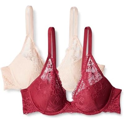 Amazon Damen Dehnbare Galloon-Spitze Gepolstert mit Bügel Tiefer Plunge-BH, 2er-Pack, Burgunderrot/Helles Blütenblatt, 85A Amazon Damen Dehnbare Galloon-Spitze Gepolstert mit Bügel Tiefer Plunge-BH, 2er-Pack, Burgunderrot/Helles Blütenblatt, 85A
