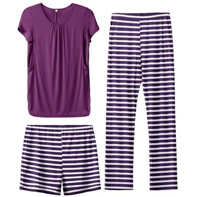 SUNNYBUY Still-Pyjama-Set für Damen, kurzärmelig, Still-Shirts, Shorts und Hosen, 3-teiliges Still-Pyjama, Lila und gestreift, L SUNNYBUY Still-Pyjama-Set für Damen, kurzärmelig, Still-Shirts, Shorts und Hosen, 3-teiliges Still-Pyjama, Lila und gestreift, L
