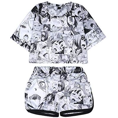 Quker Bean Damen Ahego Face Print 2-teiliges Outfit Crop Top und Shorts Pyjama Set XS-2XL, Grau, L Quker Bean Damen Ahego Face Print 2-teiliges Outfit Crop Top und Shorts Pyjama Set XS-2XL, Grau, L