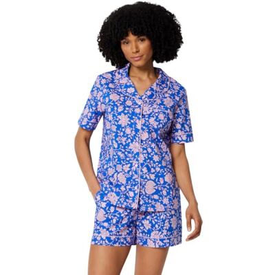 Amazon Damen Schlafanzug aus Baumwoll-Stretch-Popeline, Kurzärmelig mit Shorts, Blaues Paisleymuster, M Amazon Damen Schlafanzug aus Baumwoll-Stretch-Popeline, Kurzärmelig mit Shorts, Blaues Paisleymuster, M