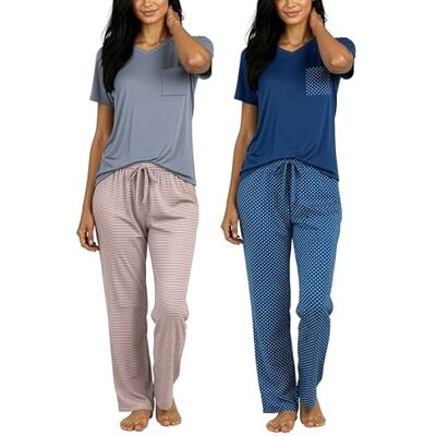 Real Essentials 2er Pack: Damen Pyjama-Set, superweich, kurzes & langärmeliges Oberteil mit Hose, Kurzarm-Set C, Small Real Essentials 2er Pack: Damen Pyjama-Set, superweich, kurzes & langärmeliges Oberteil mit Hose, Kurzarm-Set C, Small
