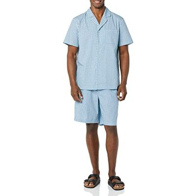 Amazon Herren Kurzes Pyjama-Set aus Baumwoll-Stretch-Popeline mit V-Ausschnitt, Blau Geometrisches Muster, 3XL Amazon Herren Kurzes Pyjama-Set aus Baumwoll-Stretch-Popeline mit V-Ausschnitt, Blau Geometrisches Muster, 3XL