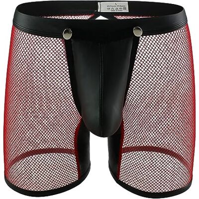 Evankin Men's See Through Sexy Mesh with Faux Leather Loose Shorts Pants Erotic Clubwear Button Removable Pouch(A4-50Red,M) Evankin Men's See Through Sexy Mesh with Faux Leather Loose Shorts Pants Erotic Clubwear Button Removable Pouch(A4-50Red,M)