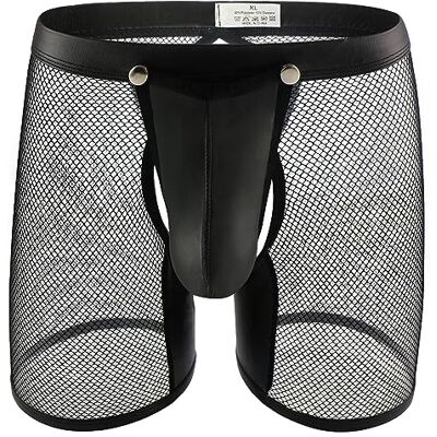 Evankin Men's See Through Sexy Mesh with Faux Leather Loose Shorts Pants Erotic Clubwear Button Removable Pouch(A4-50Hei,S) Evankin Men's See Through Sexy Mesh with Faux Leather Loose Shorts Pants Erotic Clubwear Button Removable Pouch(A4-50Hei,S)