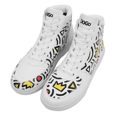 DOGO Damenschuhe aus veganem Leder, Weiß, hohe Sneakers – Abstract Outline Weiß, Mehrfarbig, 39 EU DOGO Damenschuhe aus veganem Leder, Weiß, hohe Sneakers – Abstract Outline Weiß, Mehrfarbig, 39 EU