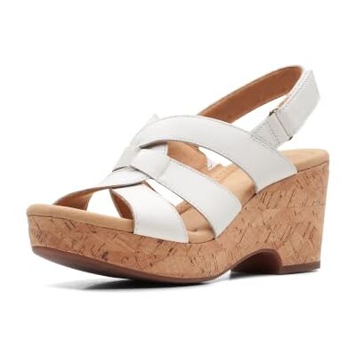 Clarks Giselle Beach Wedge Sandal, White Leather, 7.5 Medium Clarks Giselle Beach Wedge Sandal, White Leather, 7.5 Medium