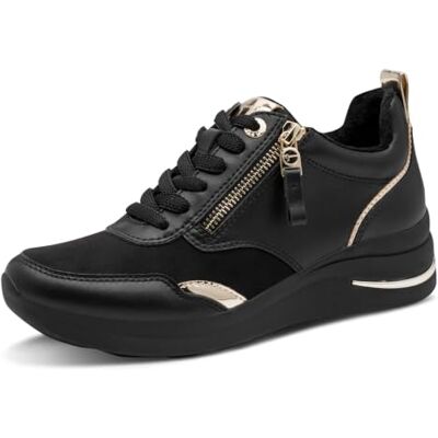 Tamaris Comfort Damen Sneaker flach mit Schnürsenkeln mit Reißverschluss Black/Gold 36 Tamaris Comfort Damen Sneaker flach mit Schnürsenkeln mit Reißverschluss Black/Gold 36