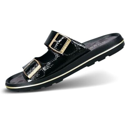 Bugatti Damen-Pantolette aus schwarzem Lackleder mit doppelten Riemen, metallischen Schnallendetails, leichten Eva-Sohlen und elegantem Sommerstil, schwarz, 40 EU Bugatti Damen-Pantolette aus schwarzem Lackleder mit doppelten Riemen, metallischen Schnallendetails, leichten Eva-Sohlen und elegantem Sommerstil, schwarz, 40 EU