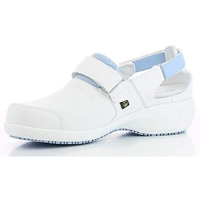 Oxypas Arbetsschuhe aus Leder SALMA Sicherheitsclog für Damen, rutschfeste und Bequeme Schuhe ideal für Krankenhaus und Pflege, Weiss Blau, 36 EU Oxypas Arbetsschuhe aus Leder SALMA Sicherheitsclog für Damen, rutschfeste und Bequeme Schuhe ideal für Krankenhaus und Pflege, Weiss Blau, 36 EU