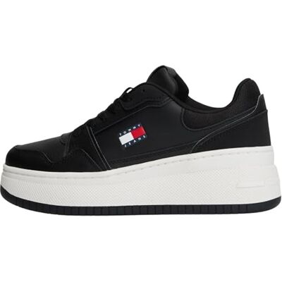 Tommy Jeans Damen Flatform Sneaker Retro Basket aus Leder, Schwarz (Black), 35 Tommy Jeans Damen Flatform Sneaker Retro Basket aus Leder, Schwarz (Black), 35