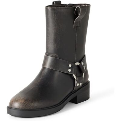 The Drop Damen Lilith Kurzer Moto-Stiefel mit Schnallen, Used-Look, Braun, Größe 40 The Drop Damen Lilith Kurzer Moto-Stiefel mit Schnallen, Used-Look, Braun, Größe 40