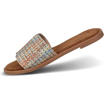 Bugatti Damen-Pantolette mit geflochtenem Cut-Out-Design, erdigen und babyblauen Farbtönen, weichen Polster-Innensohlen und auffälligem Stil Light Blue/Multicolour 36 EU Bugatti Damen-Pantolette mit geflochtenem Cut-Out-Design, erdigen und babyblauen Farbtönen, weichen Polster-Innensohlen und auffälligem Stil Light Blue/Multicolour 36 EU