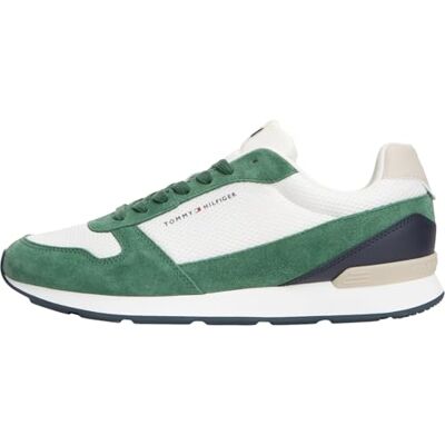 Tommy Hilfiger Herren Runner Sneaker Light Eva Seasonal Mesh aus Leder, Grün (Ecru/Street Green), 46 Tommy Hilfiger Herren Runner Sneaker Light Eva Seasonal Mesh aus Leder, Grün (Ecru/Street Green), 46