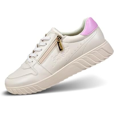 Bugatti Damen-Beige-Sneaker mit Lila-Akzenten, Reißverschluss-Detail, Logo-Elementen und gestreiftem Sohlenmuster beige/Trends 36 EU Bugatti Damen-Beige-Sneaker mit Lila-Akzenten, Reißverschluss-Detail, Logo-Elementen und gestreiftem Sohlenmuster beige/Trends 36 EU