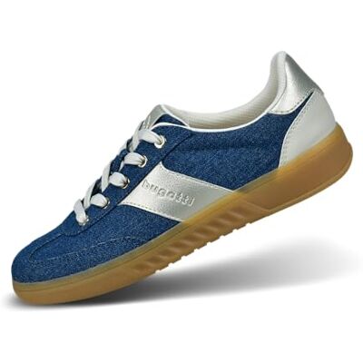 Bugatti Damen-Denim-Sneaker mit silbernen Akzenten, personalisiertem Logo und gestreiften Gummisohlen für zusätzlichen Komfort und Halt., dunkelblau/Gold, 36 EU Bugatti Damen-Denim-Sneaker mit silbernen Akzenten, personalisiertem Logo und gestreiften Gummisohlen für zusätzlichen Komfort und Halt., dunkelblau/Gold, 36 EU