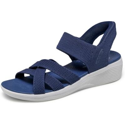 Skechers Arya Damen-Sandalen mit Keilabsatz, kühlend, freihändig, Marineblau, 38 EU Skechers Arya Damen-Sandalen mit Keilabsatz, kühlend, freihändig, Marineblau, 38 EU