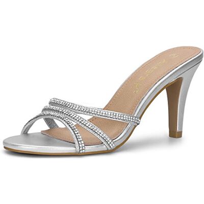 Allegra K Pantoletten mit Strass-Absatz für Damen Silber 40 Allegra K Pantoletten mit Strass-Absatz für Damen Silber 40